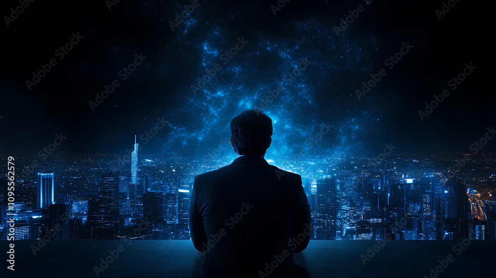 Young Saudi Businessman Observing City Night View from Office Young Saudi Businessman Observing City Night View from Office
