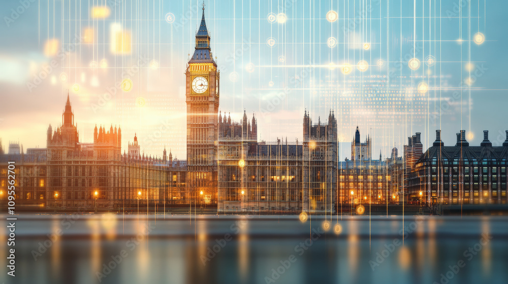 Fototapeta premium The image depicts the iconic Big Ben and Houses of Parliament in London, enhanced with digital light effects, reflecting a fusion of tradition and technology.