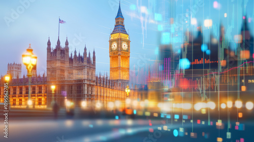 Big Ben and the Houses of Parliament at dusk, blended with digital financial charts, symbolize the intersection of tradition and modern economic trends.