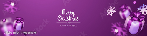 Happy New Year and Merry Christmas. Christmas holiday background with realistic 3d objects, violet and white bauble balls, conical metal stars, gift. Levitation falling design composition.