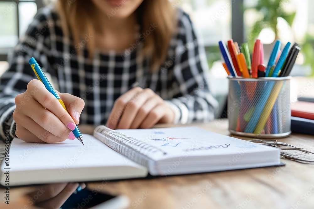Close-up of a woman's hands writing in a notebook at a table. Close-up of a woman's hands writing in a notebook at a table.