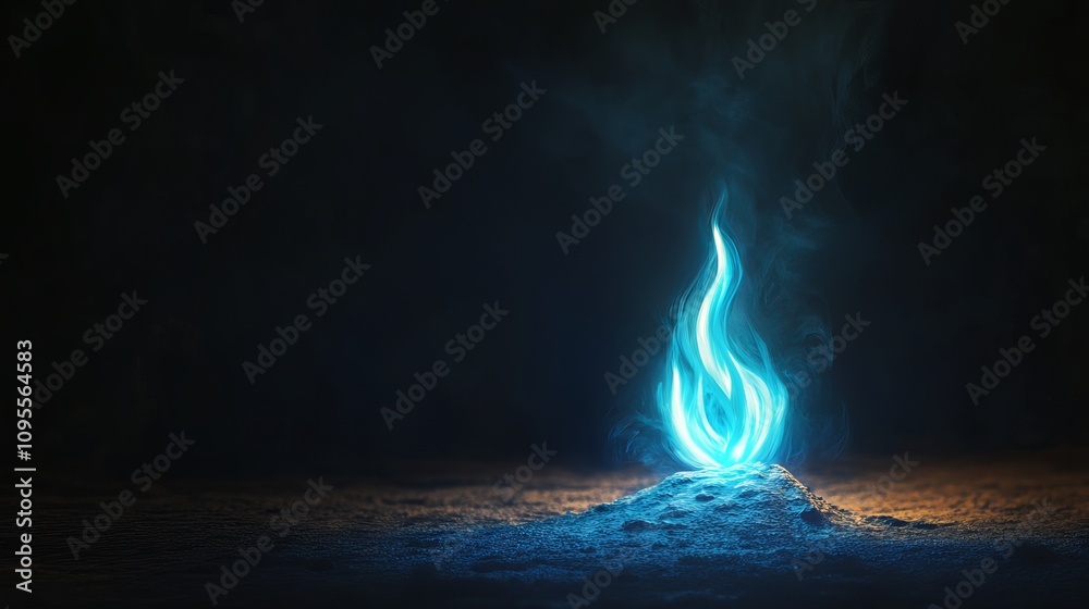 A single blue flame stands out against a black backdrop. A single blue flame stands out against a black backdrop.