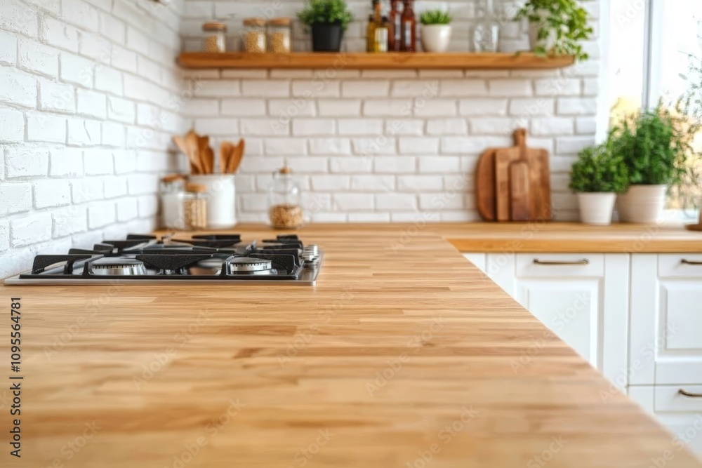 Minimalist Modern Kitchen with Wooden Countertops and White Brick Walls Minimalist Modern Kitchen with Wooden Countertops and White Brick Walls