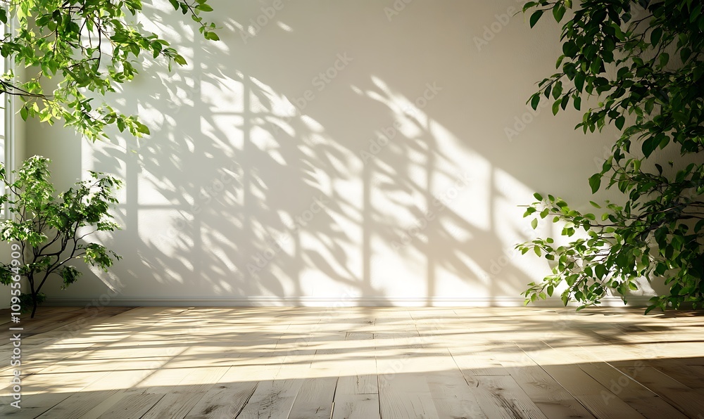 Fototapeta premium white empty room with shadow window and green plant on white wall luxury background and wooden floor 