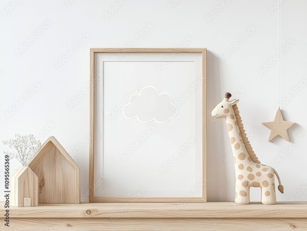 Fototapeta minimalist wooden children's room decor frame mockup nursery art kid room illustration