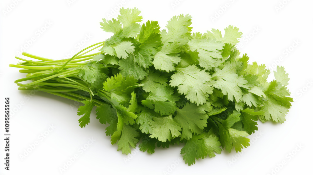 A fresh bundle of vibrant green cilantro leaves on a white background, showcasing their feathery texture, often used for garnishing and flavoring dishes. A fresh bundle of vibrant green cilantro leaves on a white background, showcasing their feathery texture, often used for garnishing and flavoring dishes.