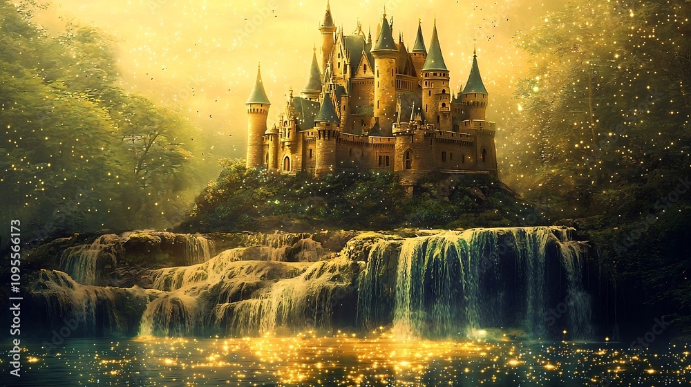 Naklejka premium Enchanting fantasy castle perched atop a towering mountain surrounded by cascading waterfalls and a lush magical woodland landscape This captivating