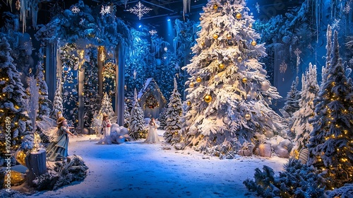 Enchanted winter wonderland scene with a giant illuminated Christmas tree adorned with glowing ornaments surrounded by snow covered trees in a magical fairytale like forest landscape photo