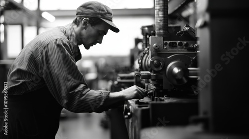 A Man Operating a Large Industrial Machine in a Factory photo