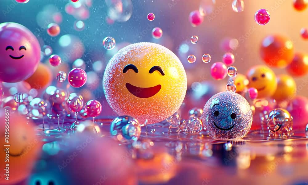 Colorful Smiley Faces Surrounded by Bubbles in a Vibrant Atmosphere Perfect for Representing Joy and Happiness in Digital or Print Media