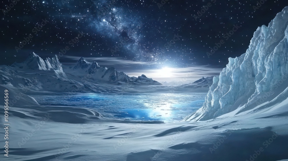 A serene icy landscape under a starry sky with a shimmering lake and distant mountains. A serene icy landscape under a starry sky with a shimmering lake and distant mountains.