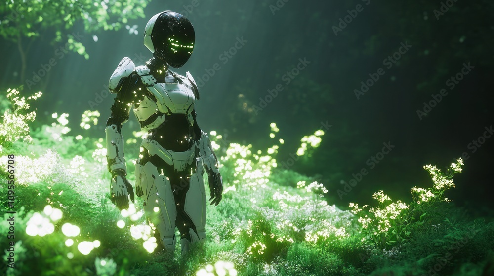 A futuristic figure in a high-tech suit stands amidst glowing flora in a serene forest. A futuristic figure in a high-tech suit stands amidst glowing flora in a serene forest.