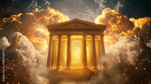 Ethereal and majestic temple on the legendary Mount Olympus with towering golden pillars and a glowing divine atmosphere evoking the grandeur and mysticism of ancient Greek mythology photo