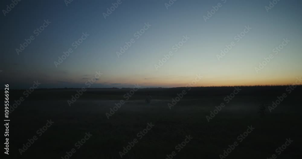 A man runs across a field on a summer evening after sunset. Rear view, unrecognizable person. A man runs across a field on a summer evening after sunset. Rear view, unrecognizable person.