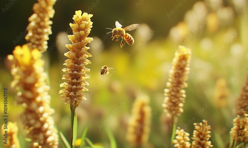 Bees pollinating flowers in vibrant garden, golden blooms, soft sunlight, nature's beauty, busy insects, summer scene Bees pollinating flowers in vibrant garden, golden blooms, soft sunlight, nature's beauty, busy insects, summer scene