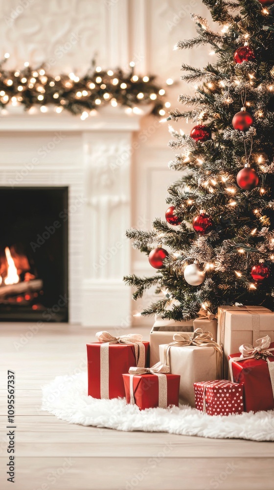 Cozy White Christmas living room with a decorated tree, wrapped presents, and warm firelight creating a traditional holiday ambiance - 9/16 phone wallpaper background Cozy White Christmas living room with a decorated tree, wrapped presents, and warm firelight creating a traditional holiday ambiance - 9/16 phone wallpaper background