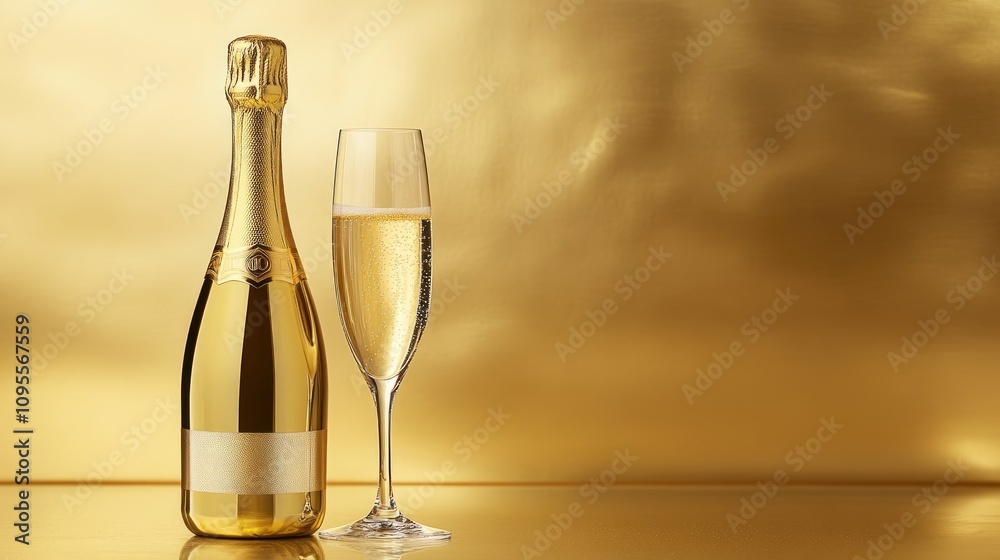 Elegant Champagne Bottle and Glass on Golden Background Elegant Champagne Bottle and Glass on Golden Background