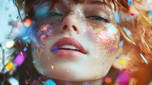 Glitter Face Art, New Year Sparkles, Colorful Confetti, Festive Glitter Look, Celebration Photography, Shiny Glitter Makeup, Holiday