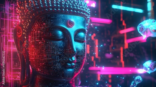 Futuristic Digital Buddha with Glowing Circuits and Neon Lighting Symbolizing Enlightenment and Technological Transcendence