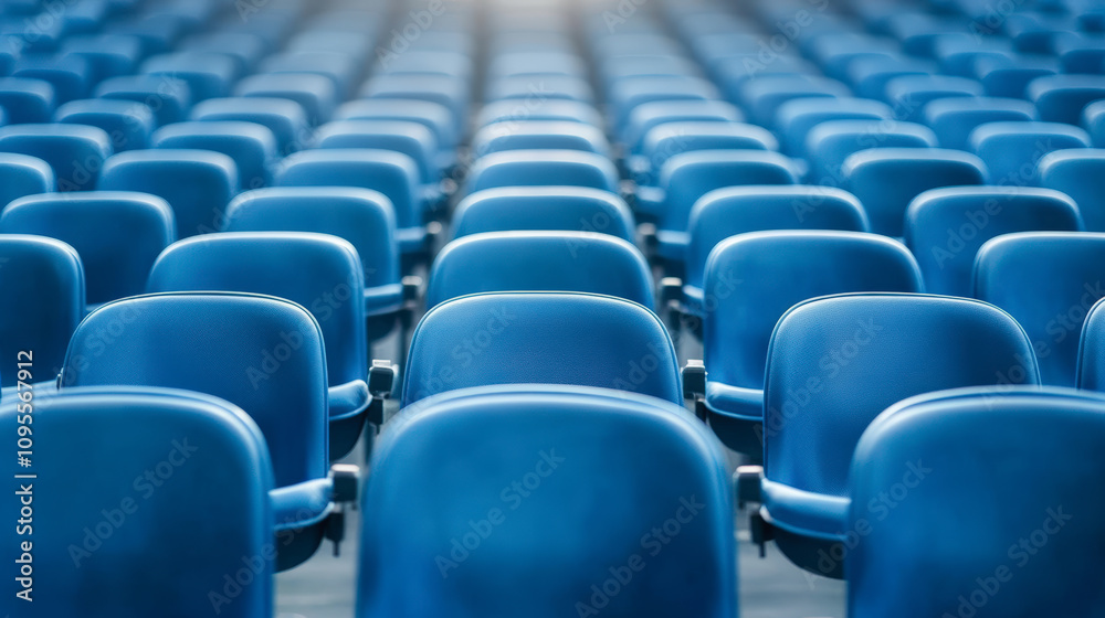 Empty blue stadium seats in neatly arranged rows, creating a pattern of repetition, under soft lighting, suggesting anticipation for upcoming events or games. Empty blue stadium seats in neatly arranged rows, creating a pattern of repetition, under soft lighting, suggesting anticipation for upcoming events or games.