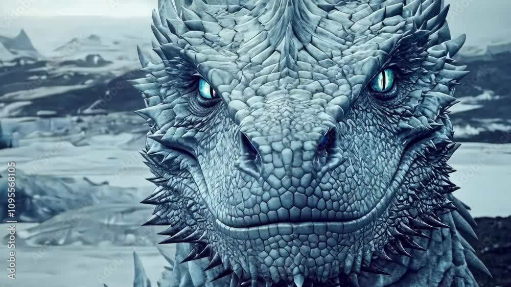 Majestic icy dragon staring intensely at the viewer amid a frozen landscape Majestic icy dragon staring intensely at the viewer amid a frozen landscape