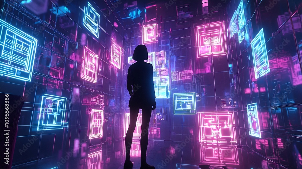 Futuristic virtual reality education concept featuring glowing holographic interfaces and displays surrounding an engaged student in a high tech abstract digital environment Futuristic virtual reality education concept featuring glowing holographic interfaces and displays surrounding an engaged student in a high tech abstract digital environment