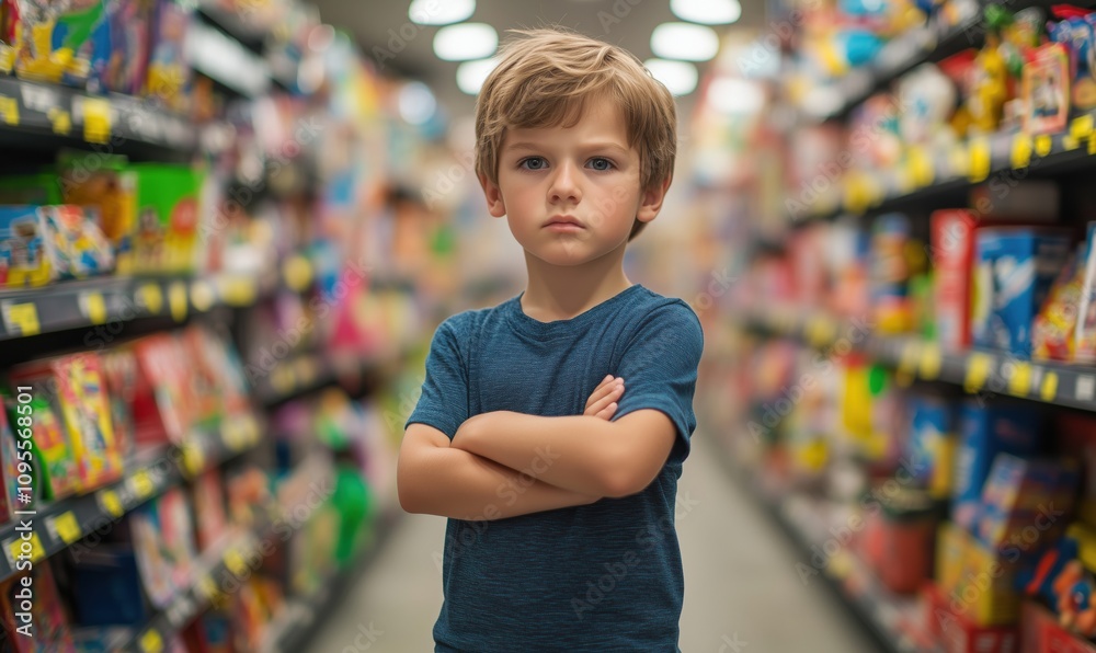 Child with crossed arms in toy aisle, serious expression, surrounded by colorful toys and games, bright store lighting Child with crossed arms in toy aisle, serious expression, surrounded by colorful toys and games, bright store lighting