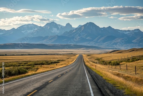 A scenic drive on a straight asphalt road through a vast open landscape with rolling hills and towering mountains visible beyond the horizon, vastness, wide open spaces