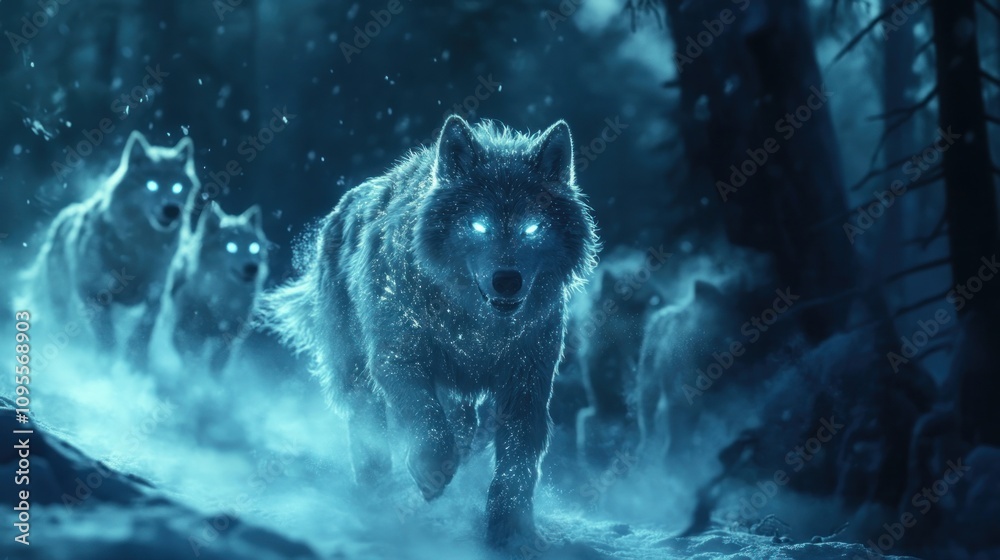A pack of glowing-eyed wolves moves through a snowy, mystical forest at night. A pack of glowing-eyed wolves moves through a snowy, mystical forest at night.