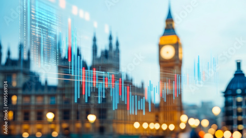 Digital stock market graphs overlay a blurred cityscape with Big Ben, symbolizing financial activity and data analysis in an urban setting.