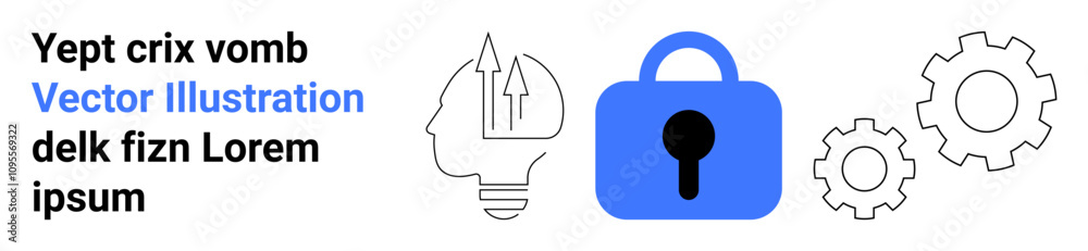 Blue padlock, human head with upward arrow, and two gears. Ideal for tech security, innovation, business strategy, intellectual property, automation, system integration, cybersecurity. Banner Blue padlock, human head with upward arrow, and two gears. Ideal for tech security, innovation, business strategy, intellectual property, automation, system integration, cybersecurity. Banner