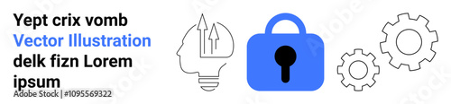 Blue padlock, human head with upward arrow, and two gears. Ideal for tech security, innovation, business strategy, intellectual property, automation, system integration, cybersecurity. Banner