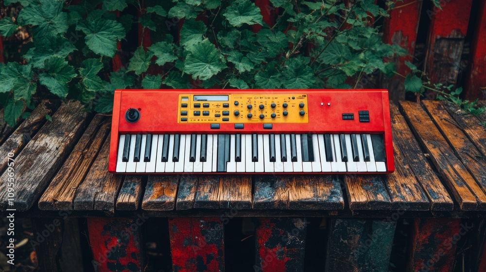 Obraz premium Vintage Red Synthesizer on Rustic Wooden Surface