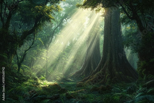 A majestic tree with sprawling roots stands in a lush forest, illuminated by golden sunlight streaming through the canopy, creating a serene and magical atmosphere.