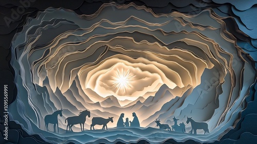 Layered paper cut nativity scene set in a dramatic cave landscape with the holy family animals and a glowing star shining above the serene winter setting
