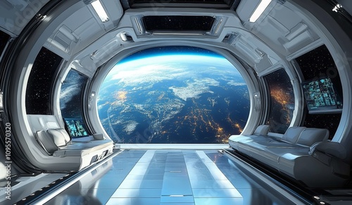 Futuristic Space Station Interior with Earth View and Curved Windows