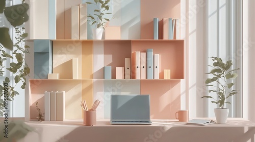 Layered paper cut style depiction of a cozy and organized office workspace with laptops documents coffee mugs and other accessories in a muted color palette