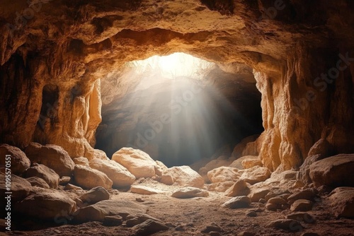 Resurrection of Jesus Christ from Tomb on Easter Sunday, View from Empty Cave to Jerusalem, Christian Faith and Salvation Concept photo