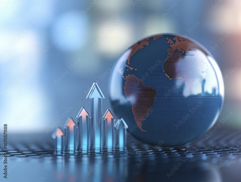Digital globe surrounded by upward arrows symbolizing global market growth trends Digital globe surrounded by upward arrows symbolizing global market growth trends