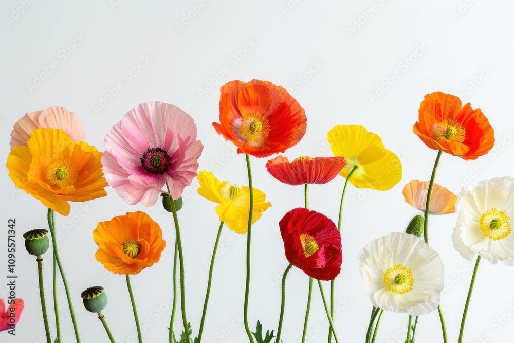 Obraz premium Vibrant bouquet of colorful poppy flowers in various shades including pink, orange, yellow, red, and white against a light background. Nature and beauty concept.
