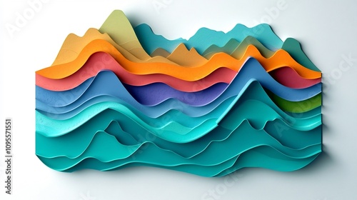 Layered papercut style business graph with a vibrant upward trending landscape of colorful paper waves and mountain shapes representing data visualization financial growth or corporate success