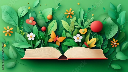 Layered papercut style gardening journal with lush overlapping leaves blooming flowers and other nature themed elements in a vibrant eco friendly design