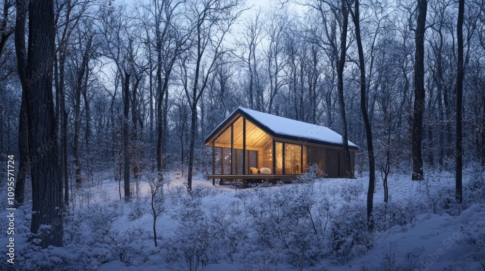 A cozy cabin in a snowy forest, illuminated at dusk, inviting warmth amidst nature. A cozy cabin in a snowy forest, illuminated at dusk, inviting warmth amidst nature.