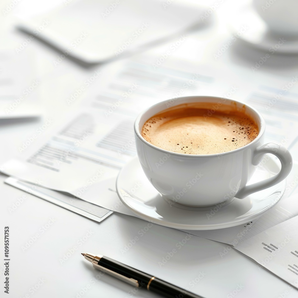 Close up office workspace with coffee and documents. Close up office workspace with coffee and documents.