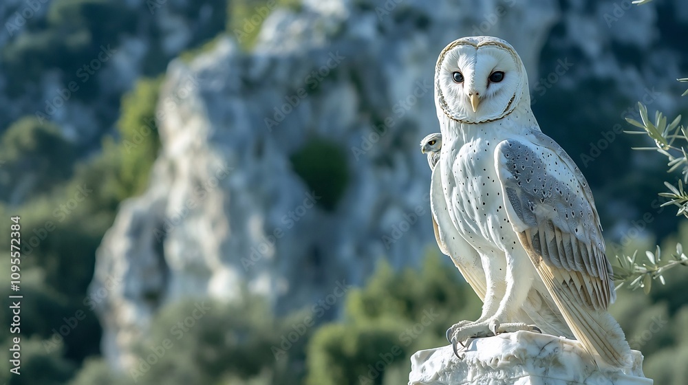 Majestic owl perched on the shoulder of the goddess Athena standing in an ancient marble temple surrounded by the lush foliage of olive trees A peaceful and mythical scene from Greek mythology Majestic owl perched on the shoulder of the goddess Athena standing in an ancient marble temple surrounded by the lush foliage of olive trees A peaceful and mythical scene from Greek mythology