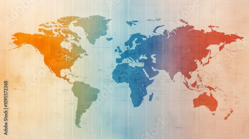 Fototapeta Naklejka Na Ścianę i Meble -  A colorful world map highlighting continents in gradient shades of orange, blue, and red against a vintage-styled background.