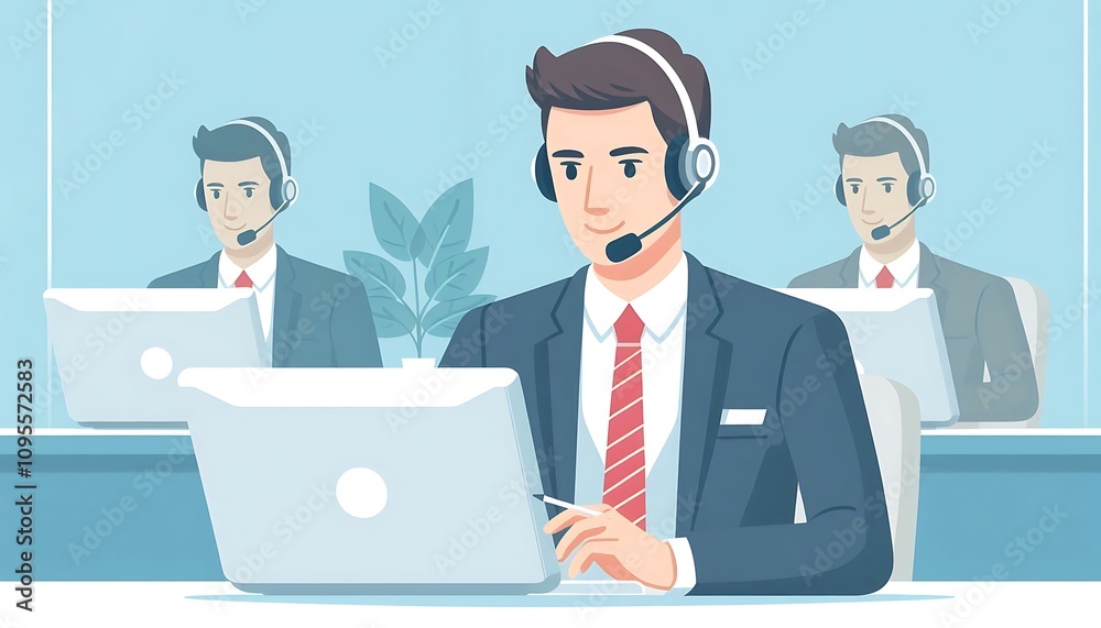 call center agent using a headset and computer to assist customers flat design illustration. call center agent using a headset and computer to assist customers flat design illustration.
