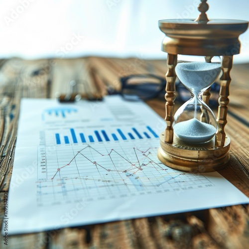 sand timer and graph paper(document) on the wood office desk.. photo