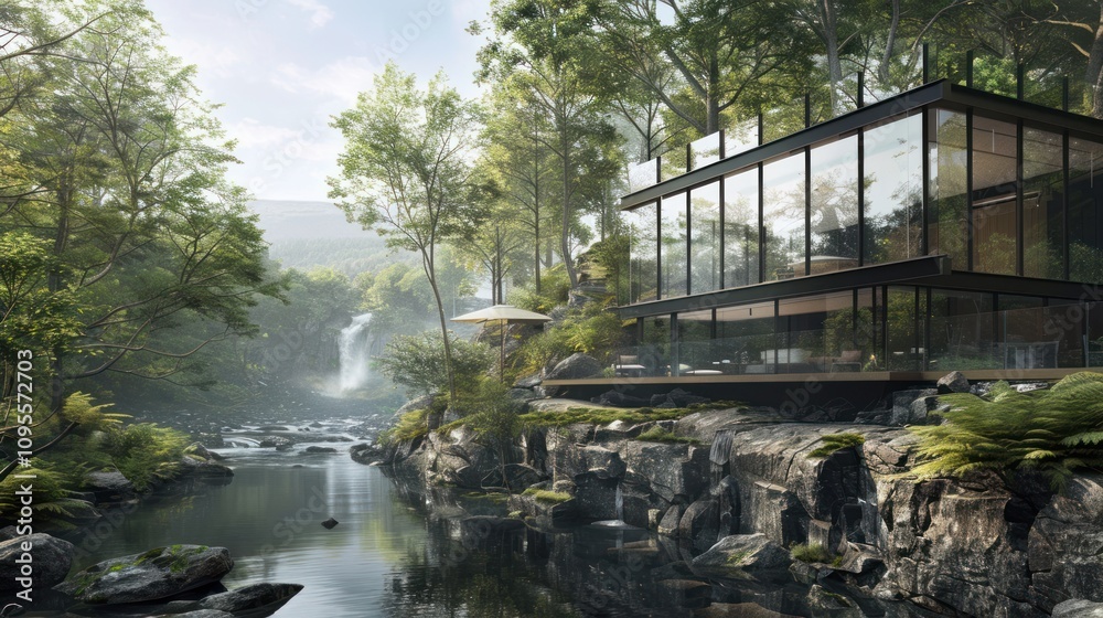 A modern glass house perched on rocks above a serene river, surrounded by lush green trees with sunlight filtering through, and a waterfall visible in the background. A modern glass house perched on rocks above a serene river, surrounded by lush green trees with sunlight filtering through, and a waterfall visible in the background.