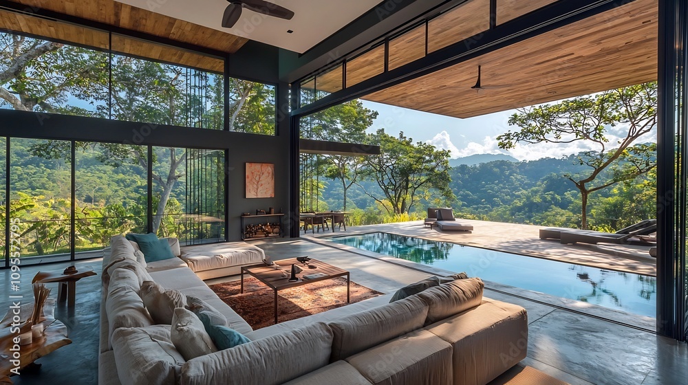 Minimalist modern living room with large glass windows that offer a captivating panoramic view of the surrounding peaceful nature including mountains trees and a tranquil body of water Minimalist modern living room with large glass windows that offer a captivating panoramic view of the surrounding peaceful nature including mountains trees and a tranquil body of water
